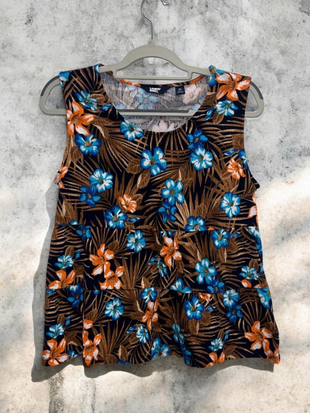 Lands' End Women's Sleeveless Crinkle Knit Tiered Tropical Tank Top Size Medium